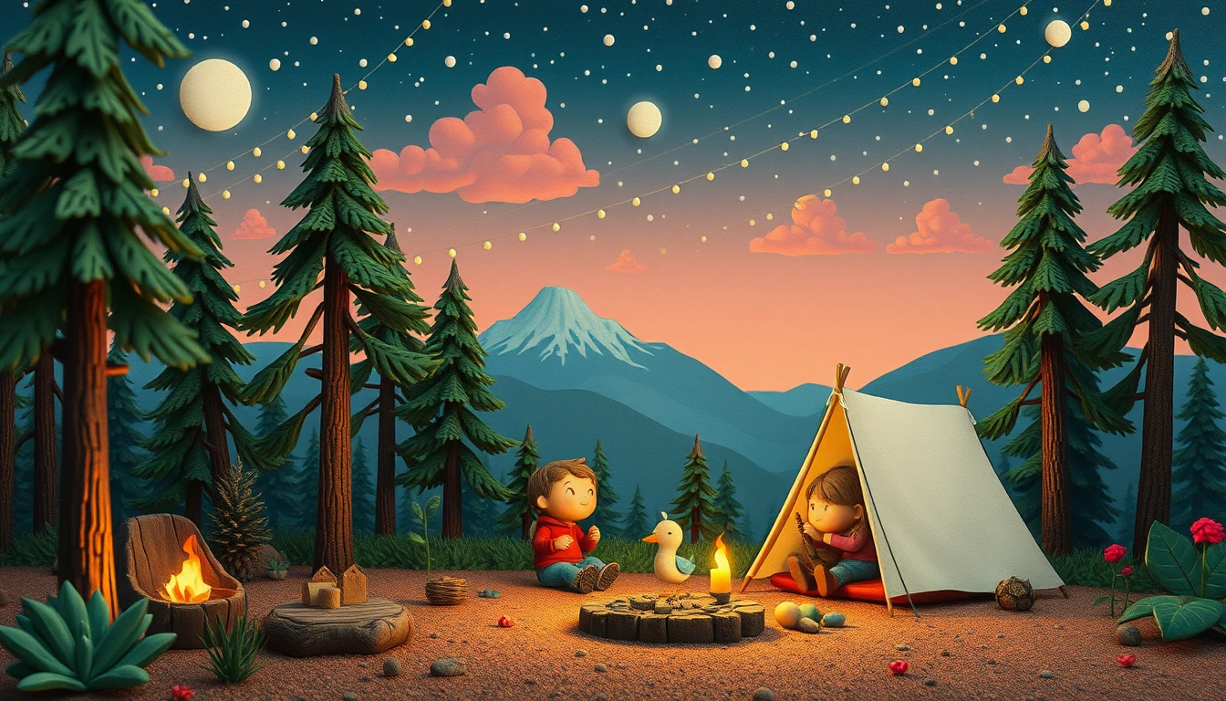 Playful clay children camping in a colorful forest