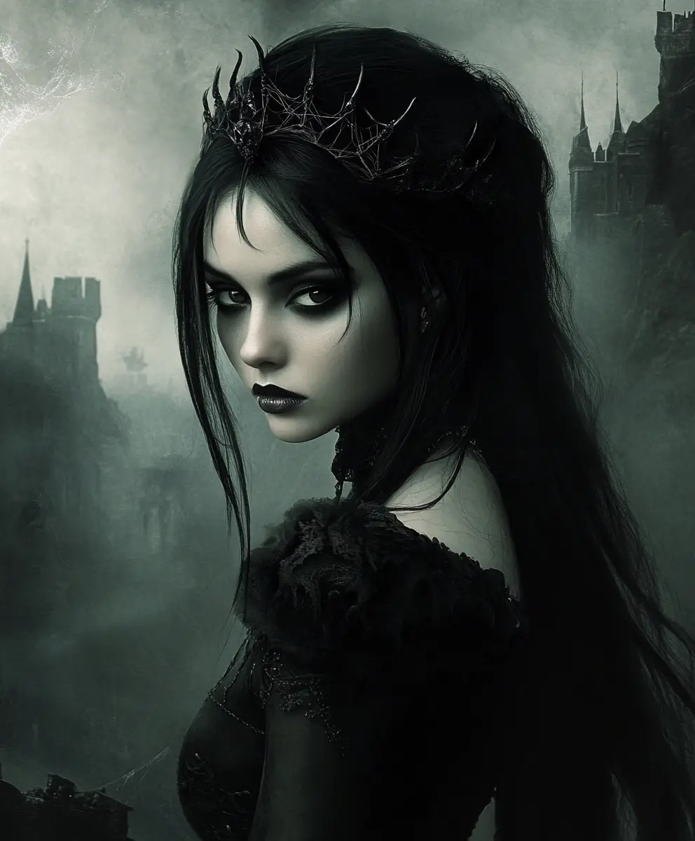 Dark spider queen in a gothic castle fantasy scene