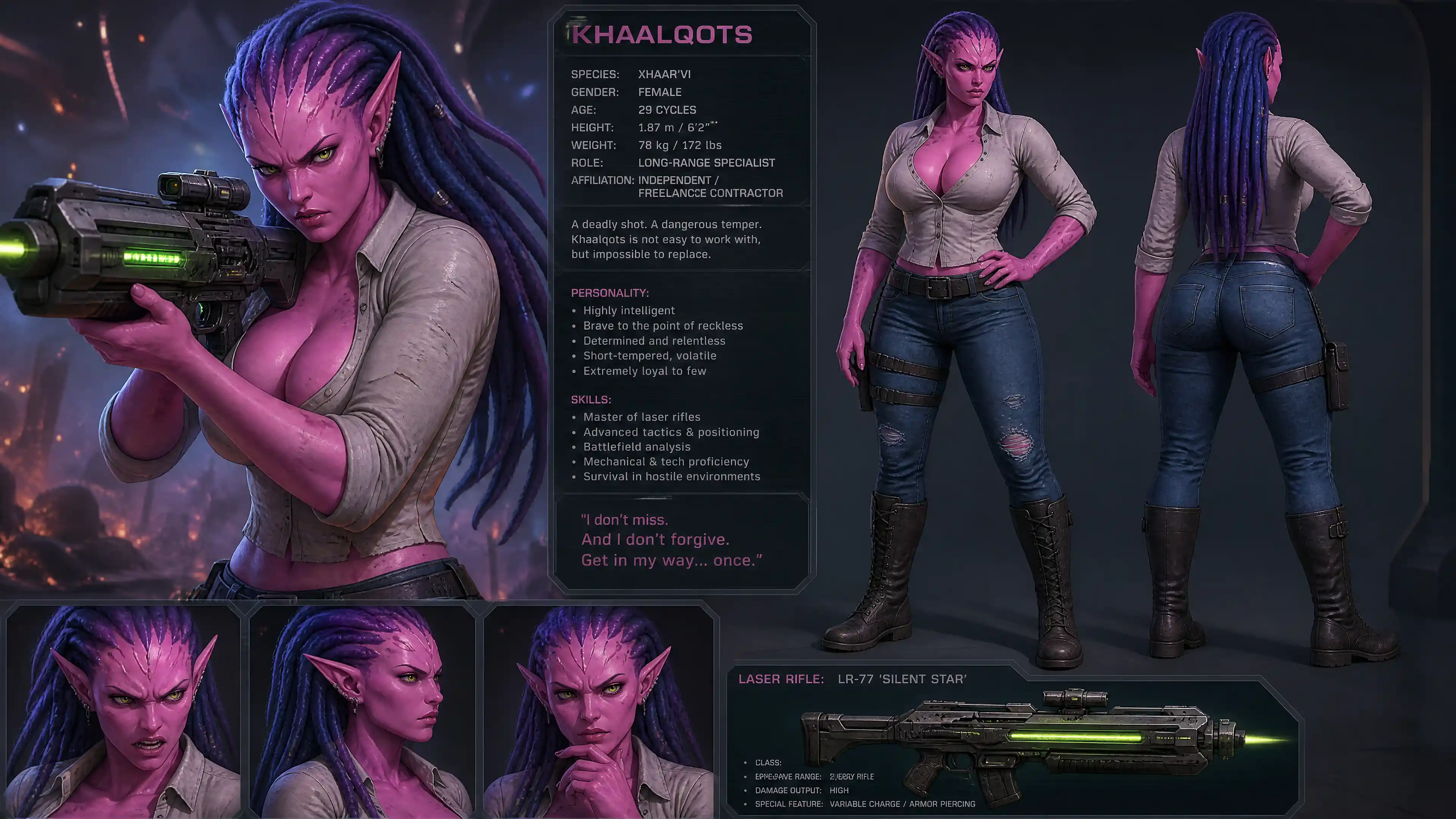 Pink alien woman with rifle in casual human clothing
