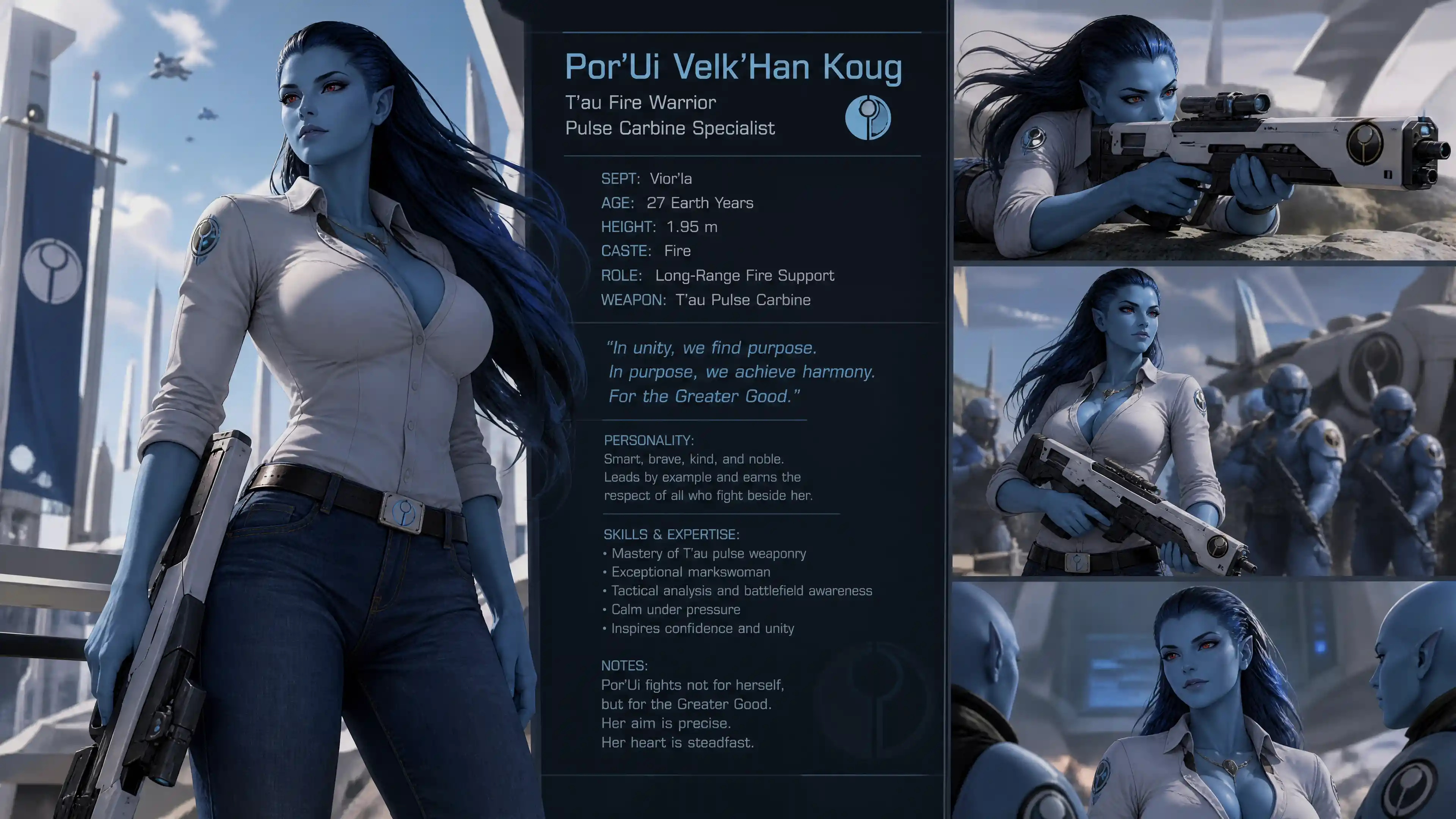 Blue skinned sci fi woman with red eyes in casual clothes