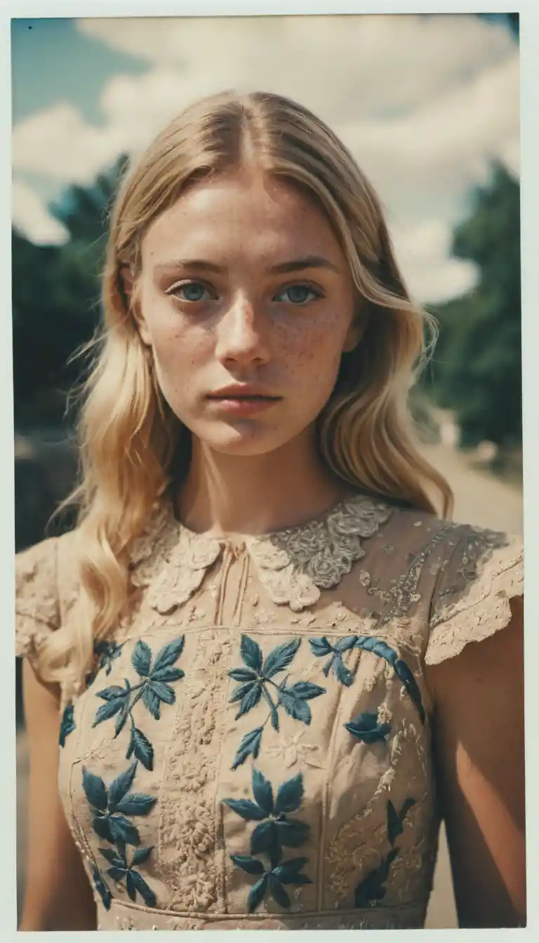 Mujer rubia con pecas en un vestido de moda bordado