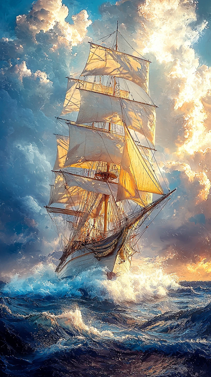 Tall sailing ship crossing a luminous stormy seascape