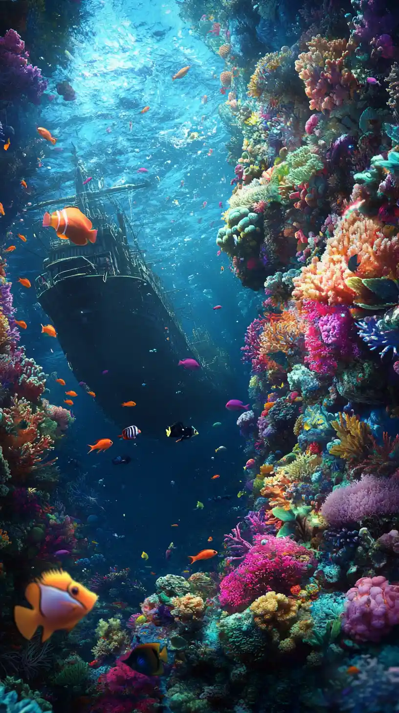 Colorful coral reef with small fish and a sunken fantasy ship