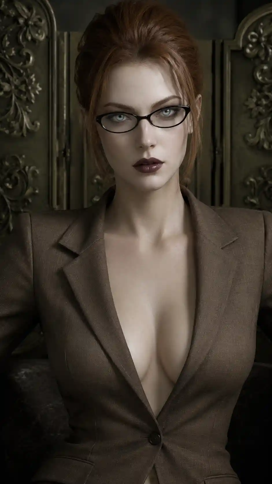 Young woman with glasses in a brown blazer portrait