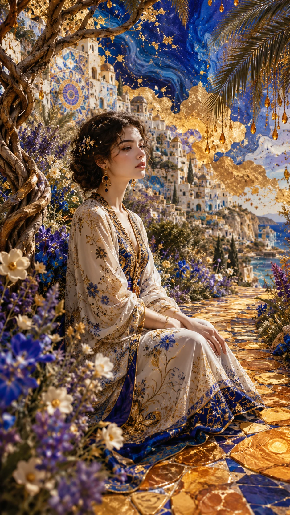 Mujer serena en paisaje surrealista de primavera mediterránea