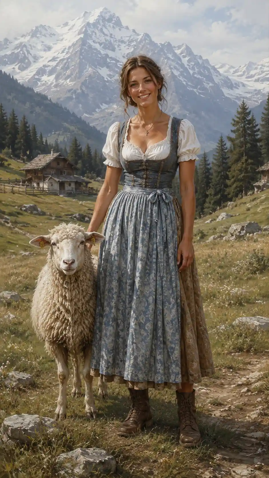 Woman in dirndl standing with sheep in alpine meadow