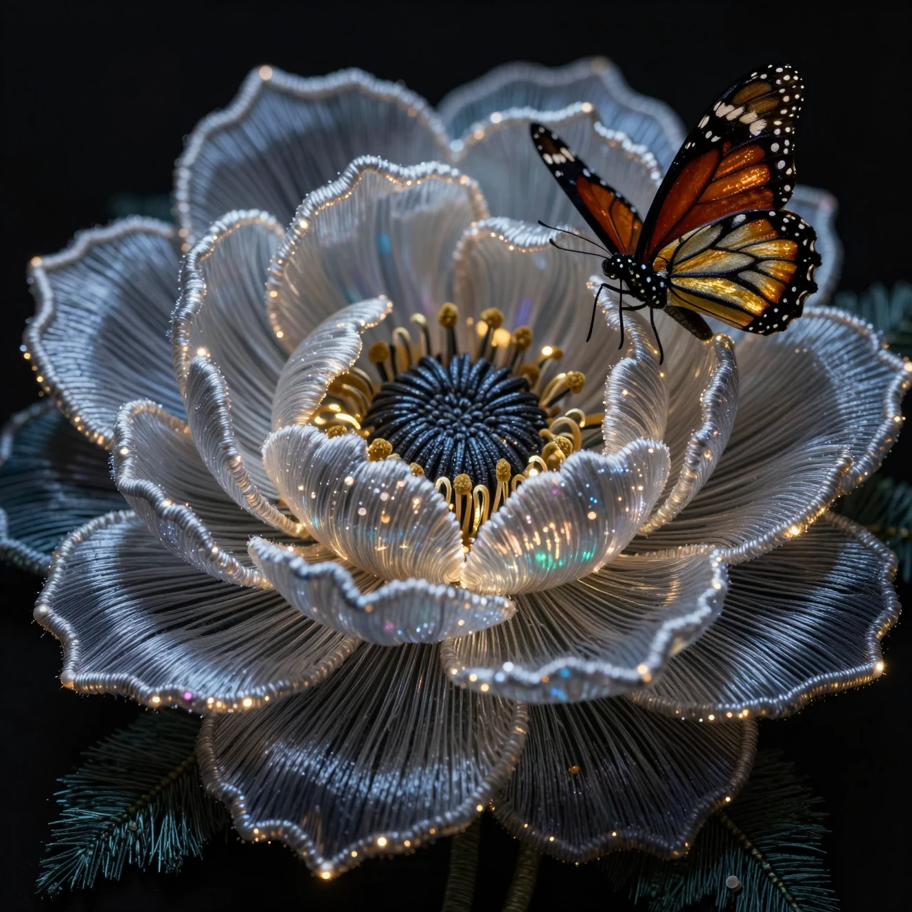 Glowing 3D Embroidered Flower With Monarch Butterfly