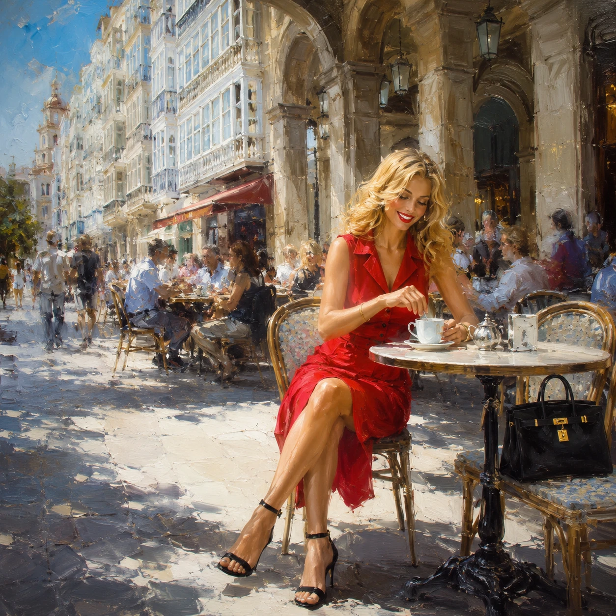 Blonde woman in red dress at a sunny city cafe