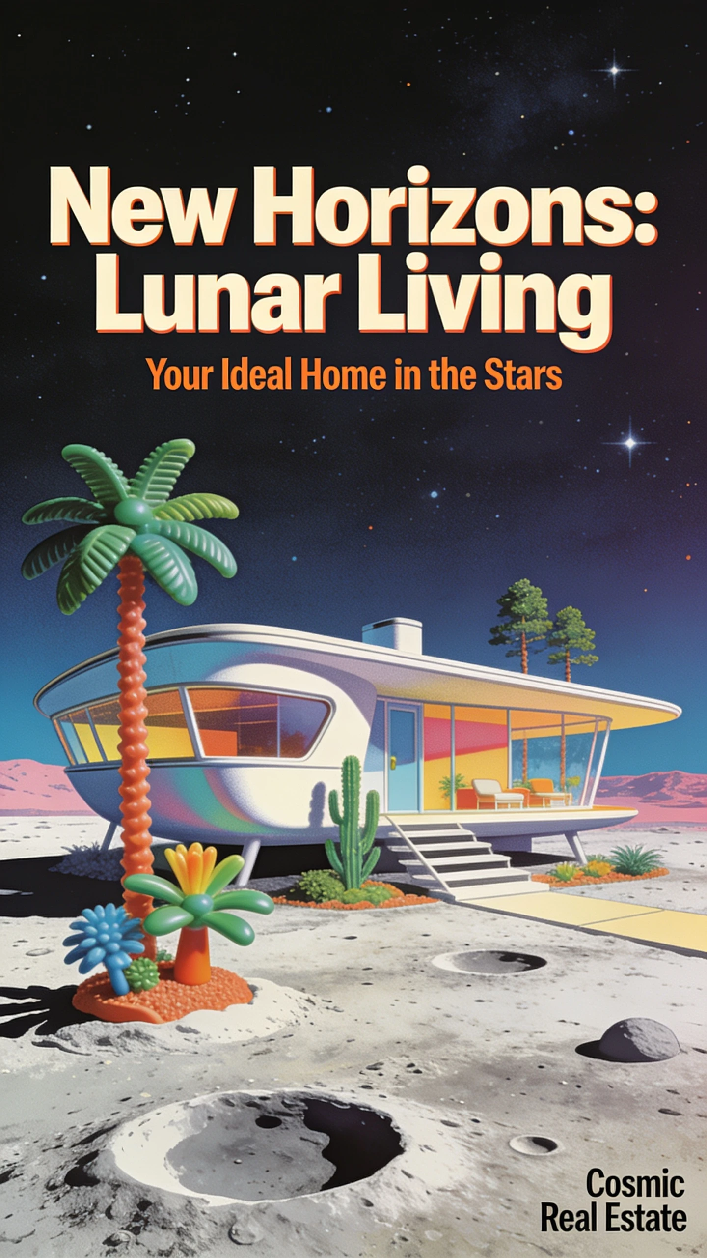 Vintage-Siebdruck eines modernen Hauses auf einem fremden Mond