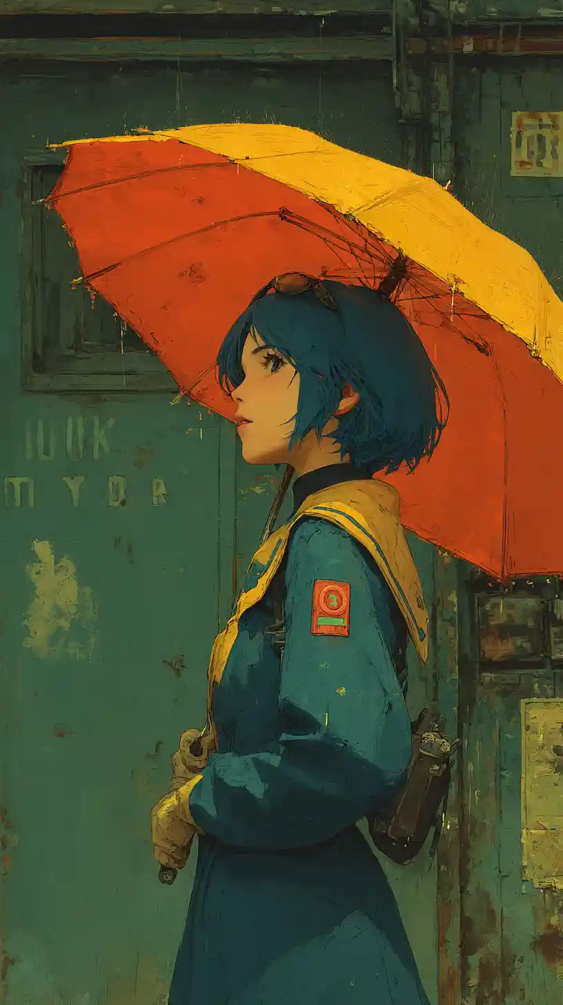 Anime girl standing on a rainy city street at night