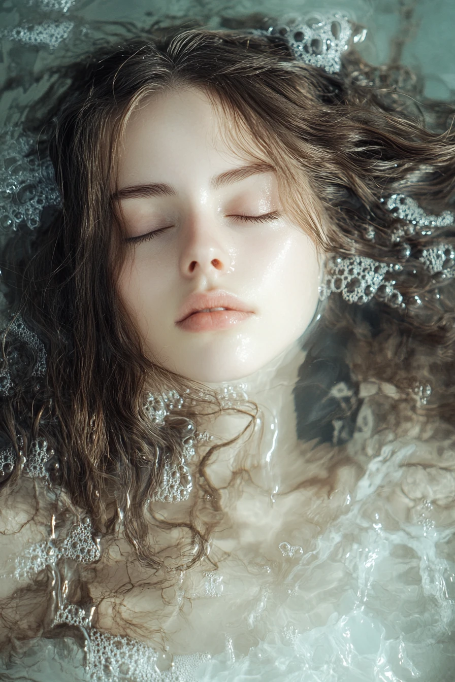 Mujer en paz descansando en agua tranquila con los ojos cerrados