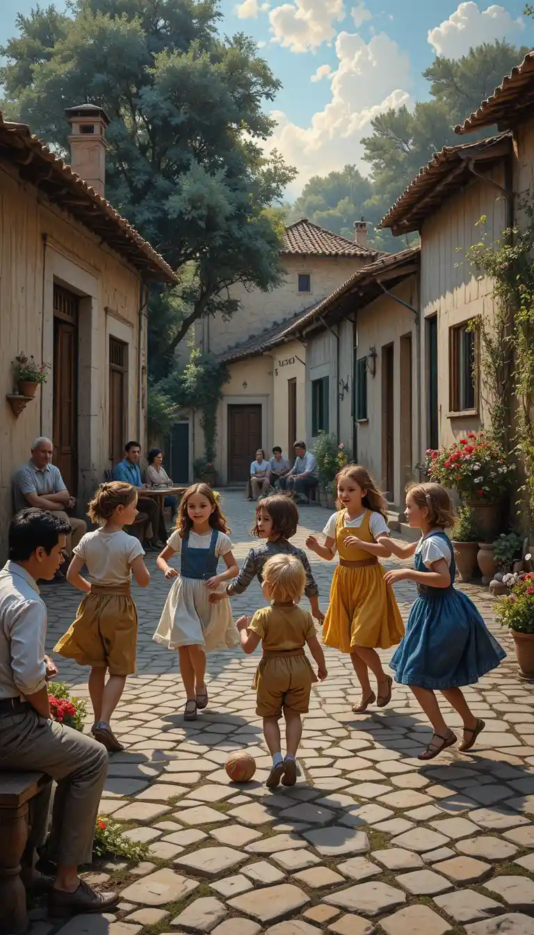 Children Playing With A Cloth Ball In A Sunny Village Square