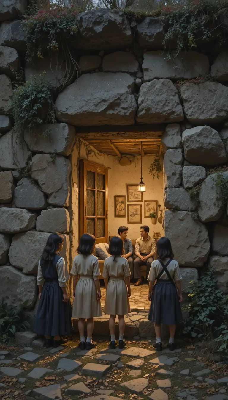 Children at an old stone house window glowing with warm light