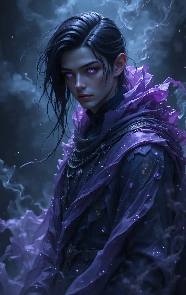 Young shadow sorcerer with glowing violet eyes and runes