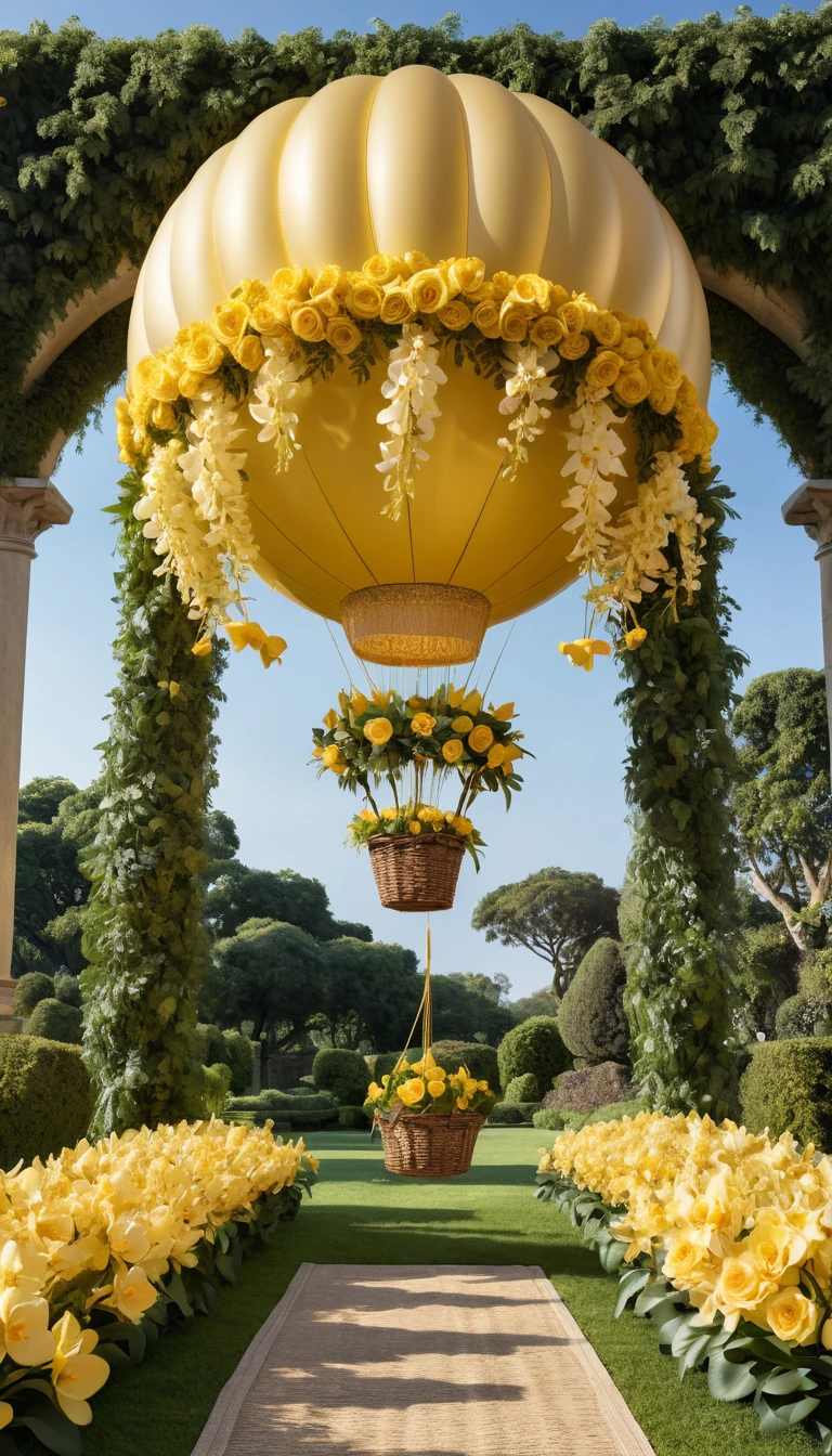 Golden Crochet Hot Air Balloon In A Lush Fantasy Garden