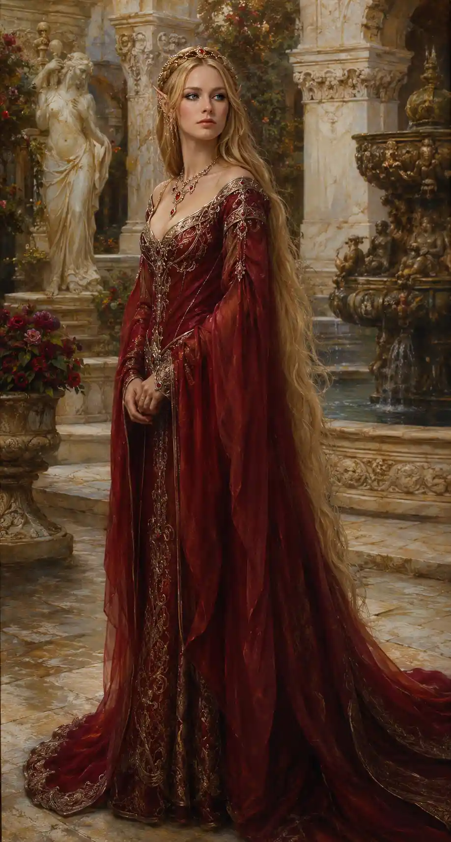 Renaissance style portrait of a regal elven woman