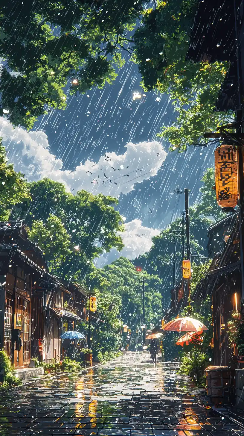 Anime girl on a rainy city street in dramatic lighting