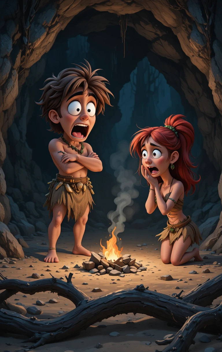 Prehistoric couple panicking around a dying cave fire