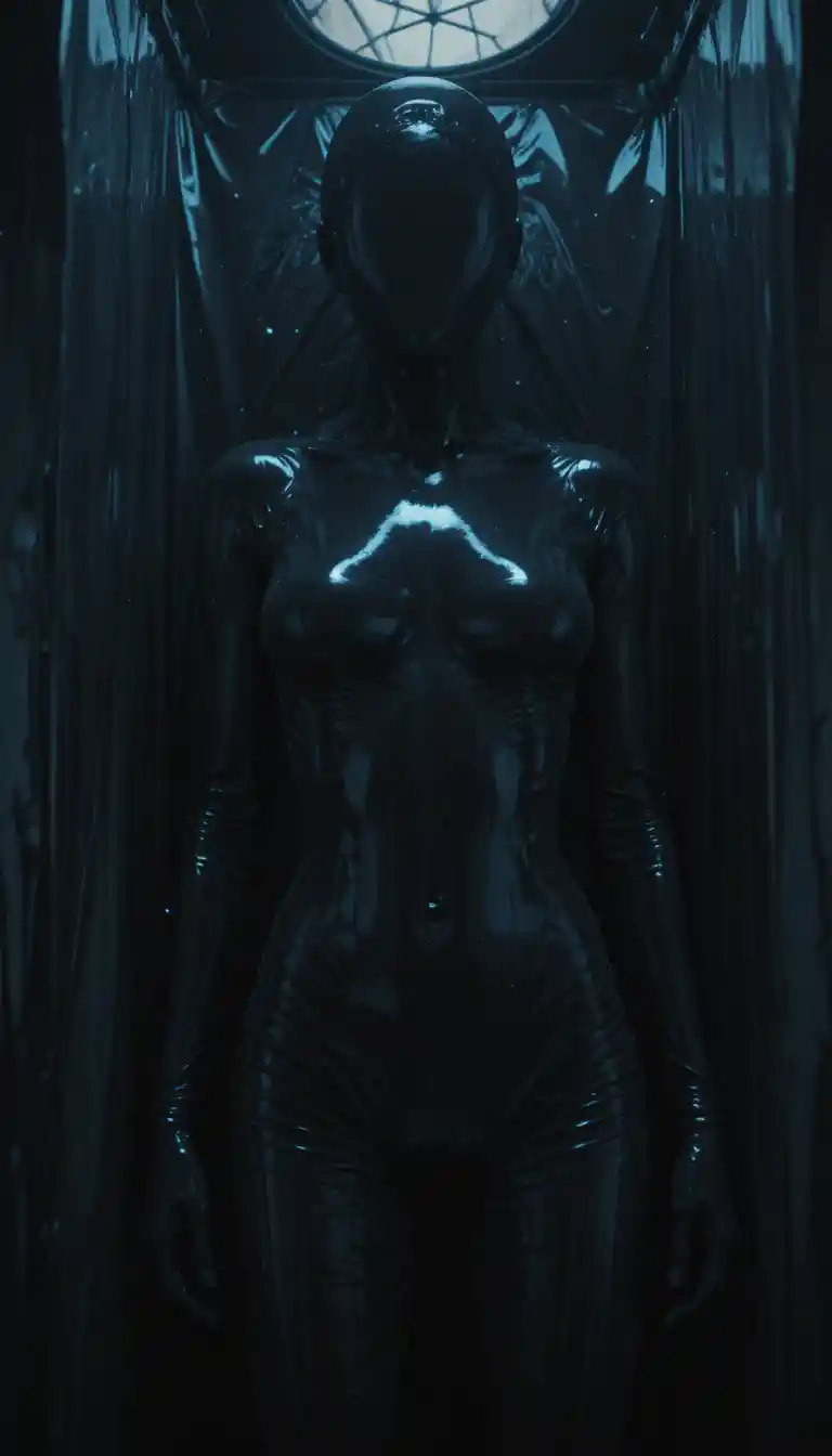 Woman silhouette sealed inside glossy black latex surface