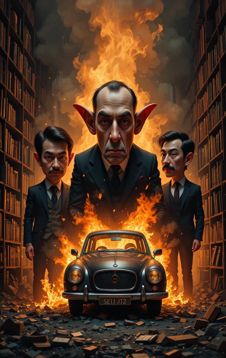 Three men watch a burning car in a dark library