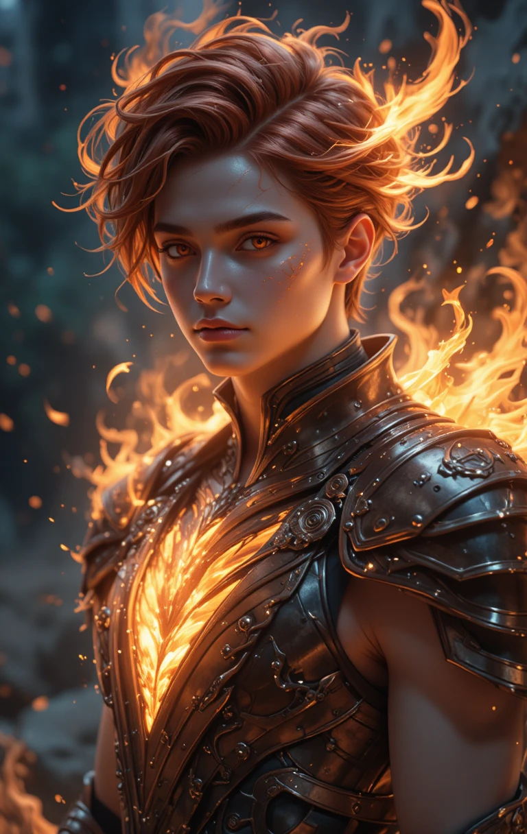 Fire phoenix warrior with glowing scars in anime style