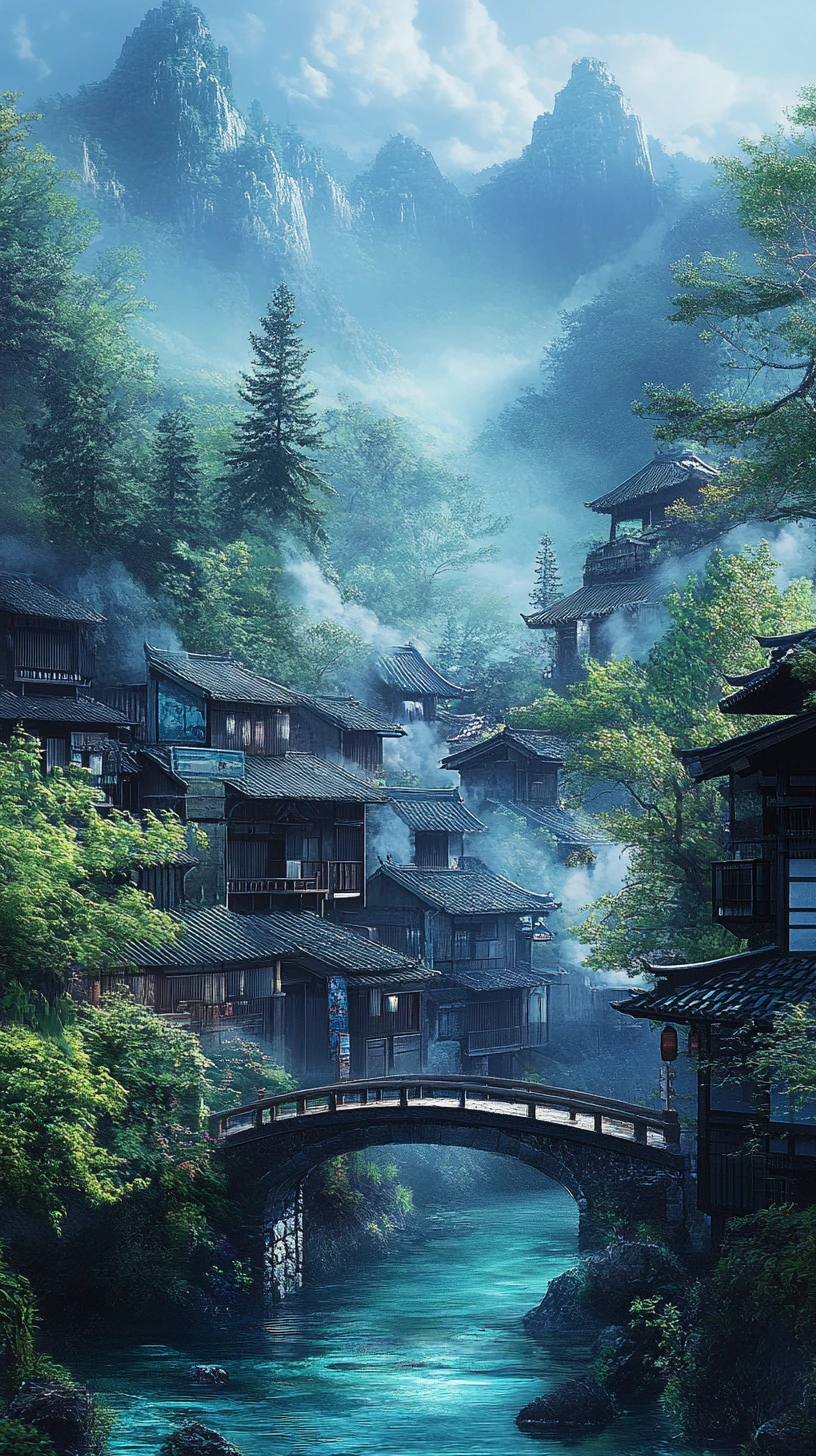 Tranquil Japanese Village Beside Turquoise Mountain River