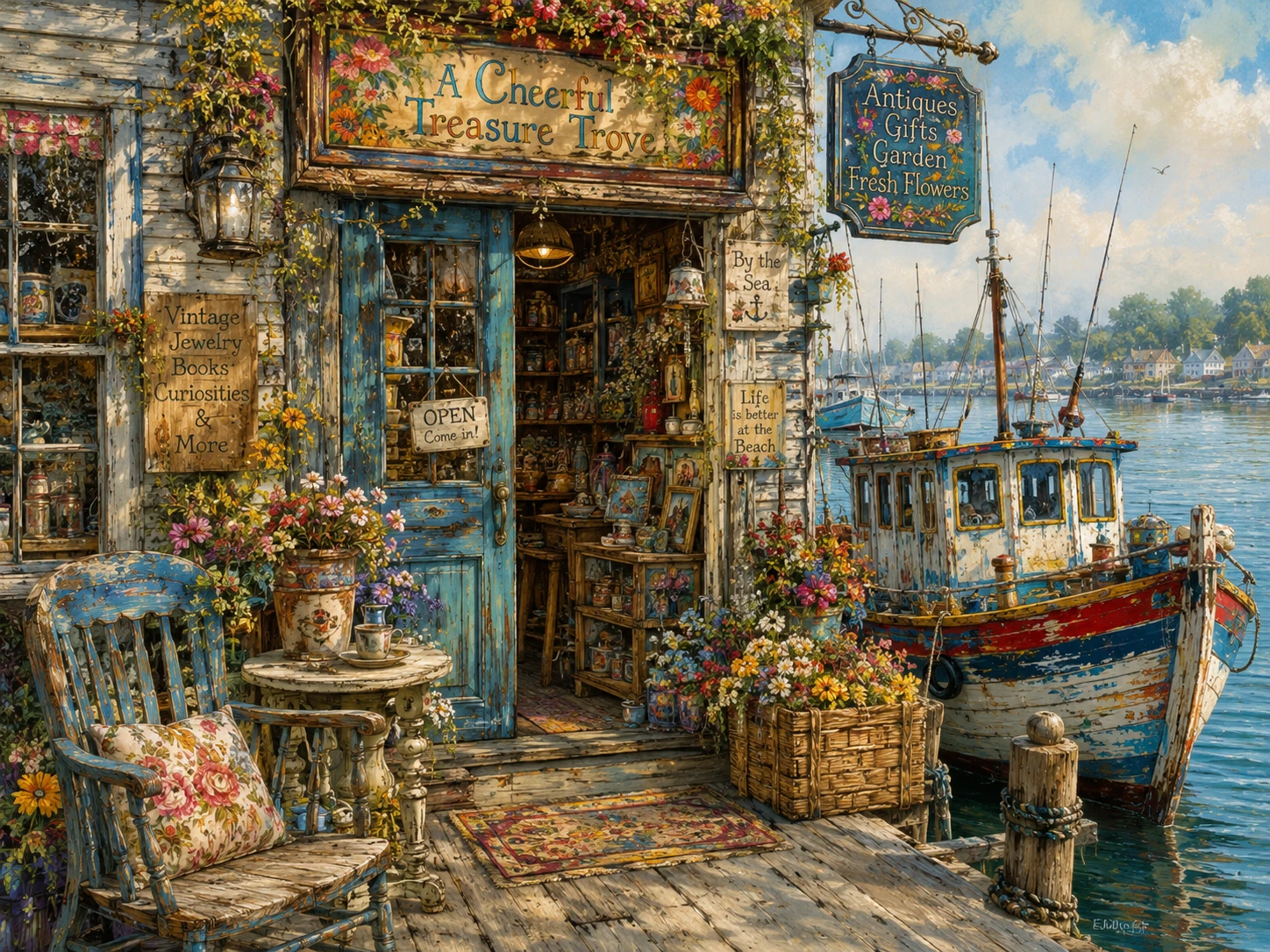 Colorful old shop beside a fishing dock with flowers