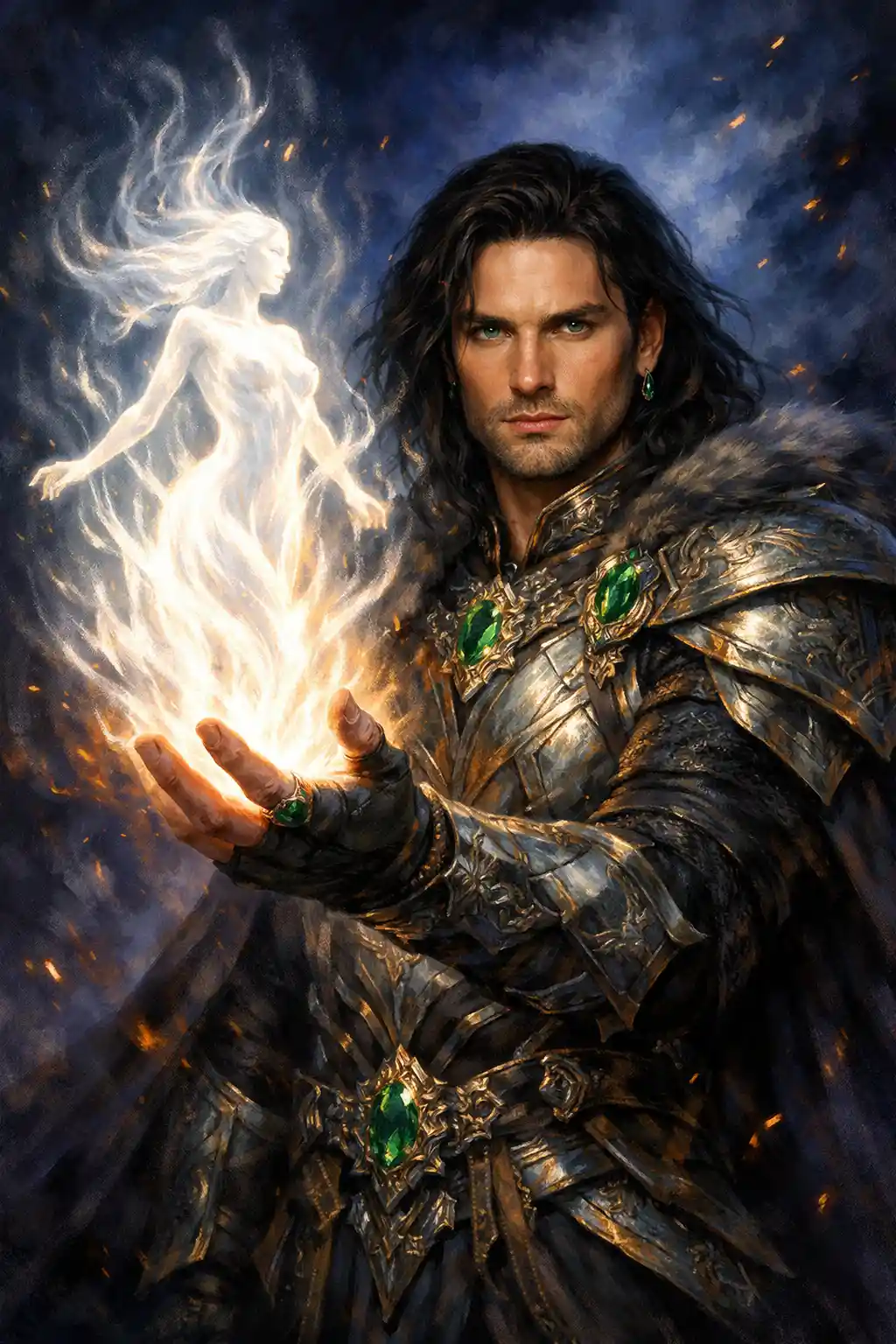 Fantasy warrior summoning a woman from white flame