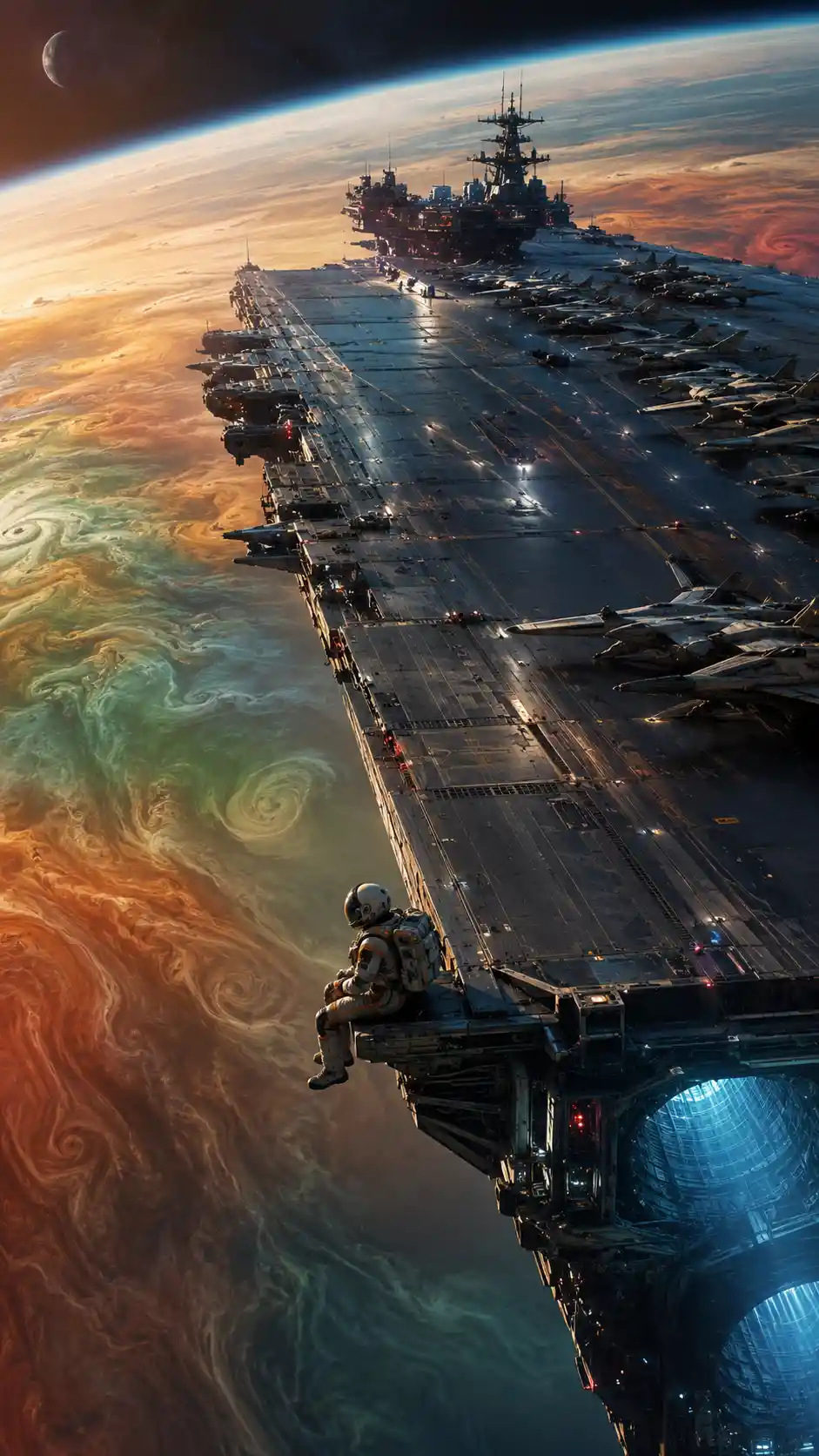 盤旋氣態巨行星上方的龐大深空航母
