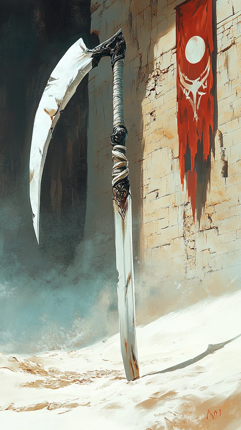Battle scythe standing in sandy ancient rune covered ruins