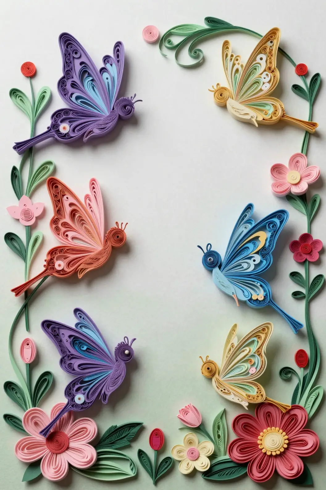 Fate di carta colorate che vorticano sopra un giardino di fiori astratto