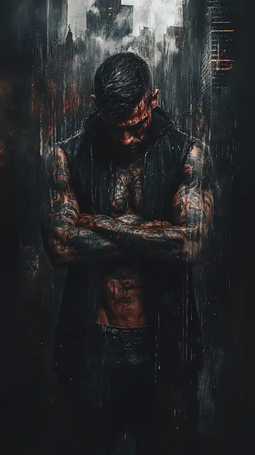 Confident man taking his coat off and showing tattoos