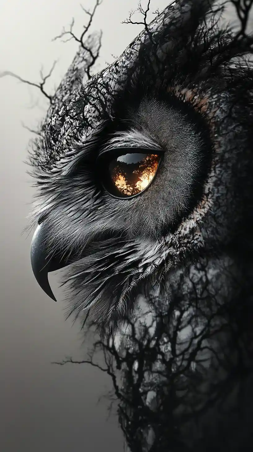 Surreal owl in low light with glowing reflective eye