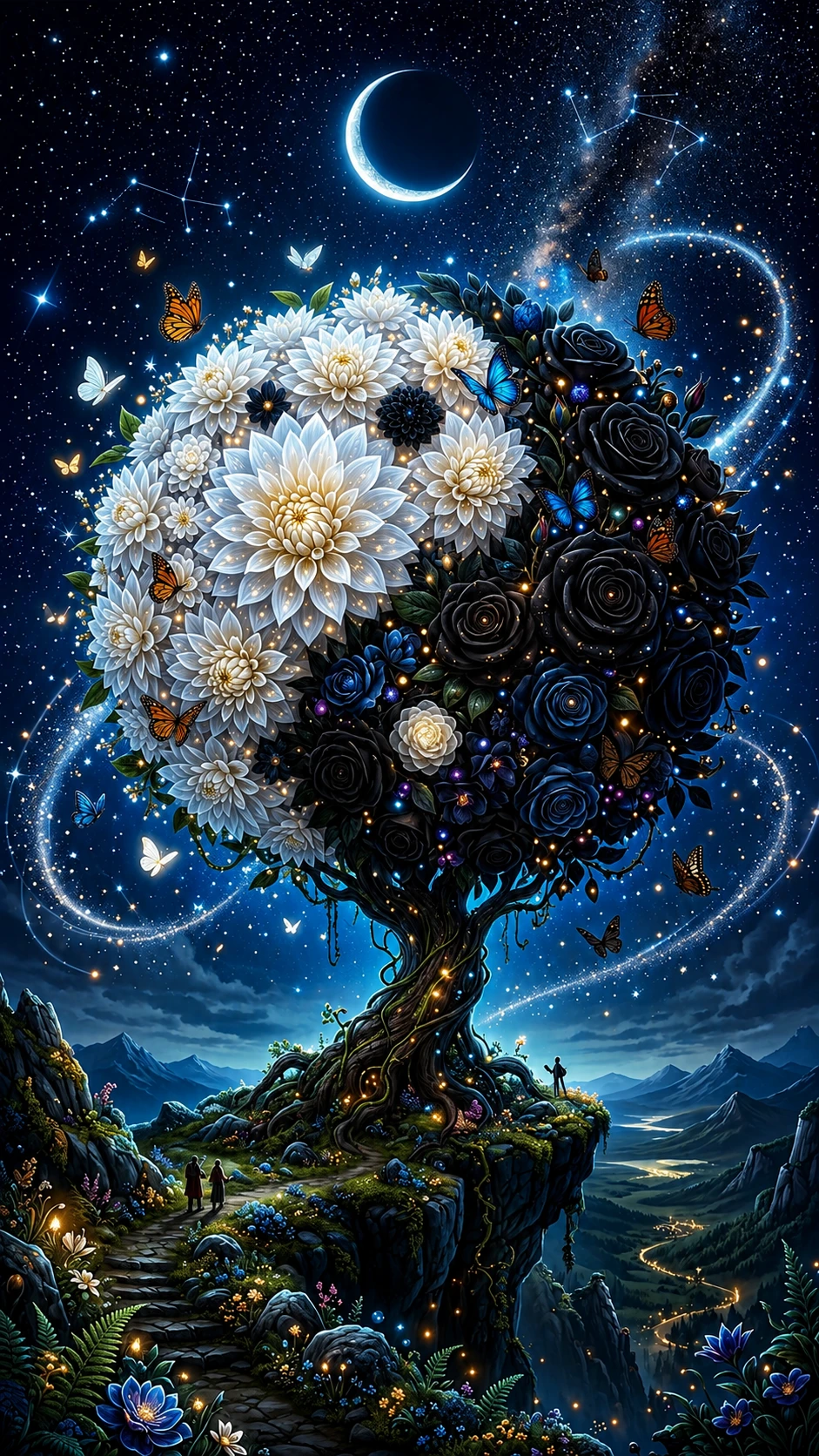 Magical yin yang tree of dahlia and roses at night