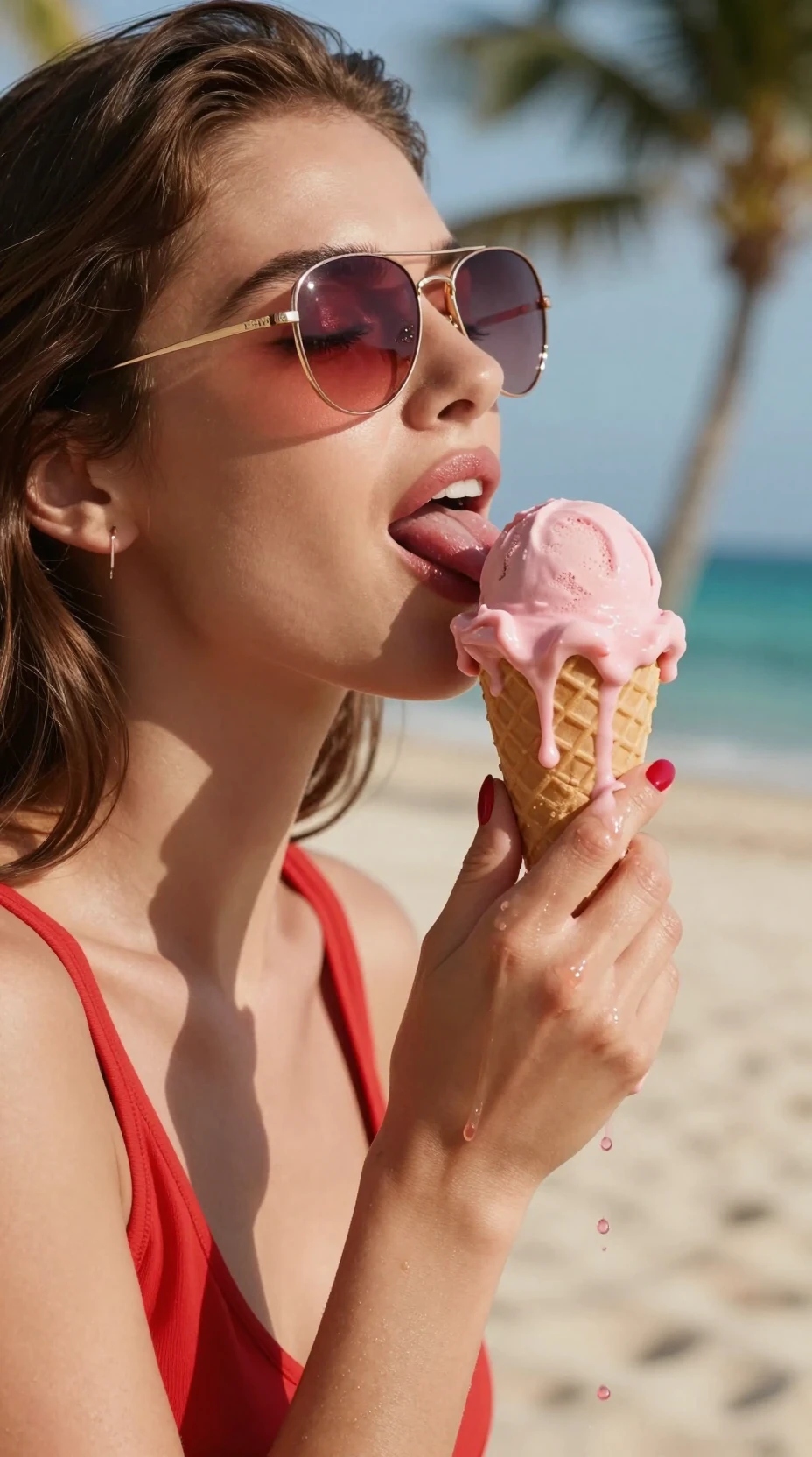 Joven mujer con estilo lamiendo helado rosa derretido