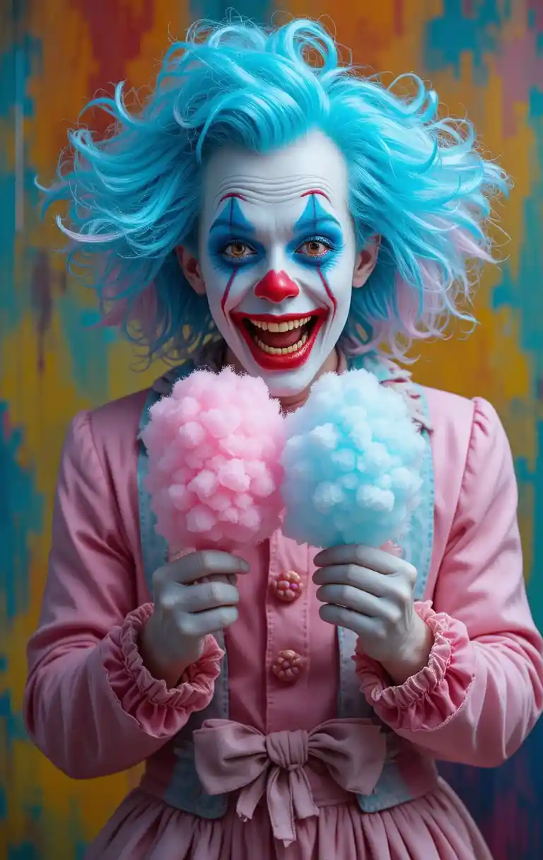 Creepy Candy Clown With Blue And Pink Cotton Candy