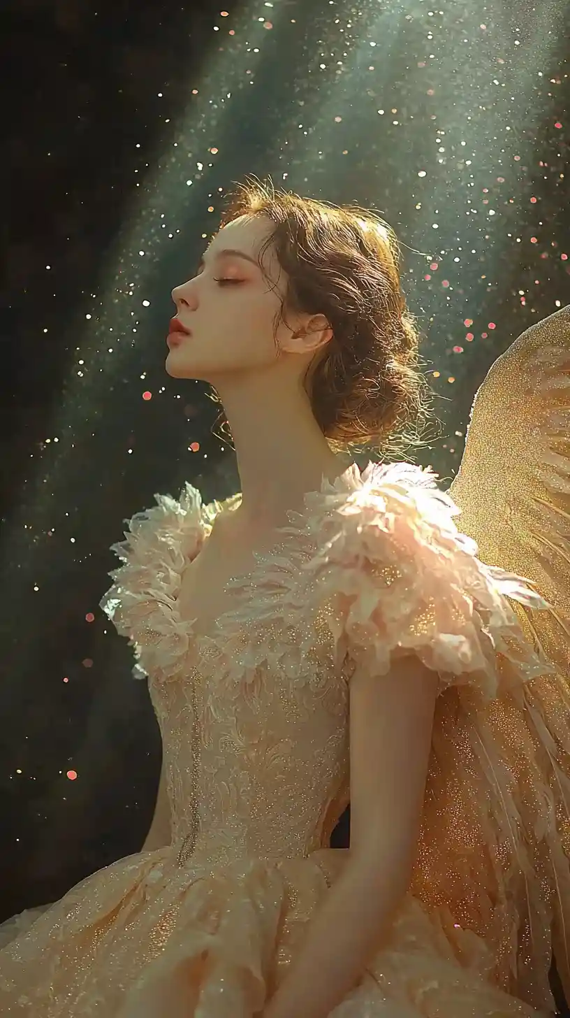Ethereal angel woman in heavenly pastel light