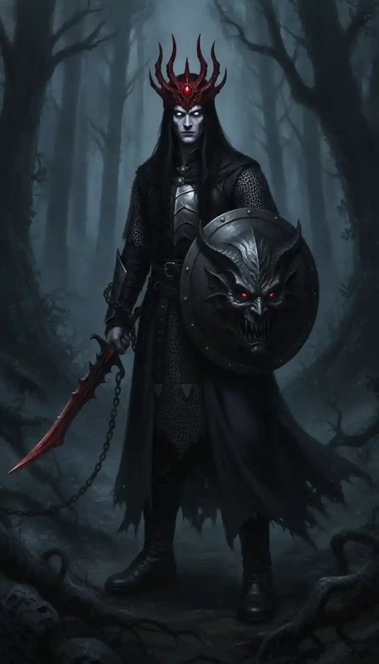 Dark warrior with demonic crown in night forest