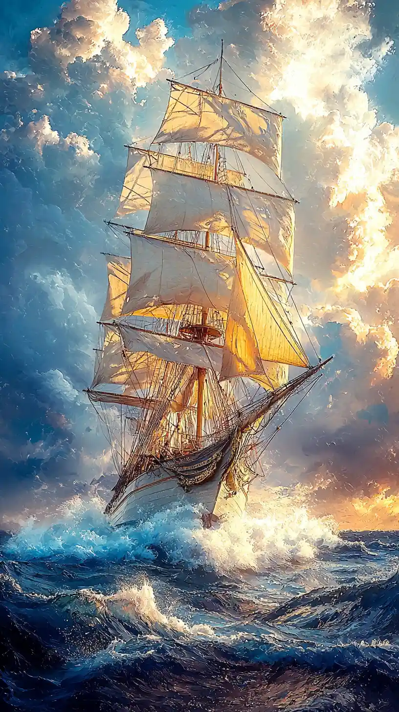 Tall sailing ship crossing a luminous stormy seascape