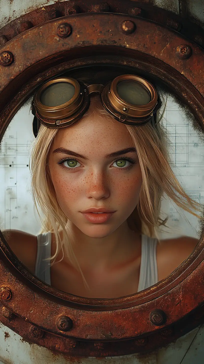 Curious steampunk girl framed by a rusted metal porthole