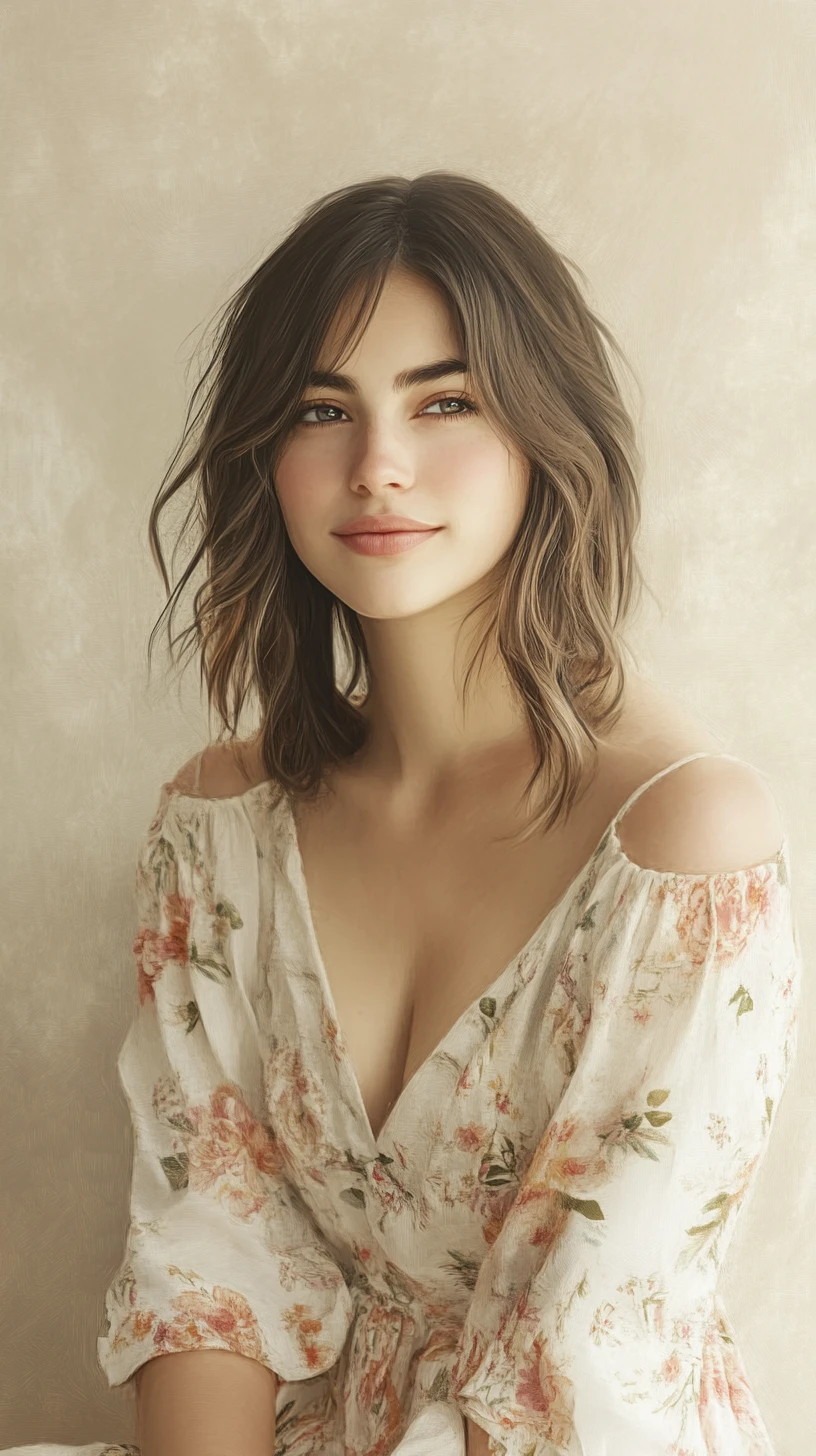 Retrato sereno de uma jovem em um vestido floral
