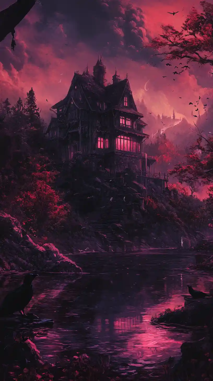 Dark dreamland with ghosts and a lonely black cat