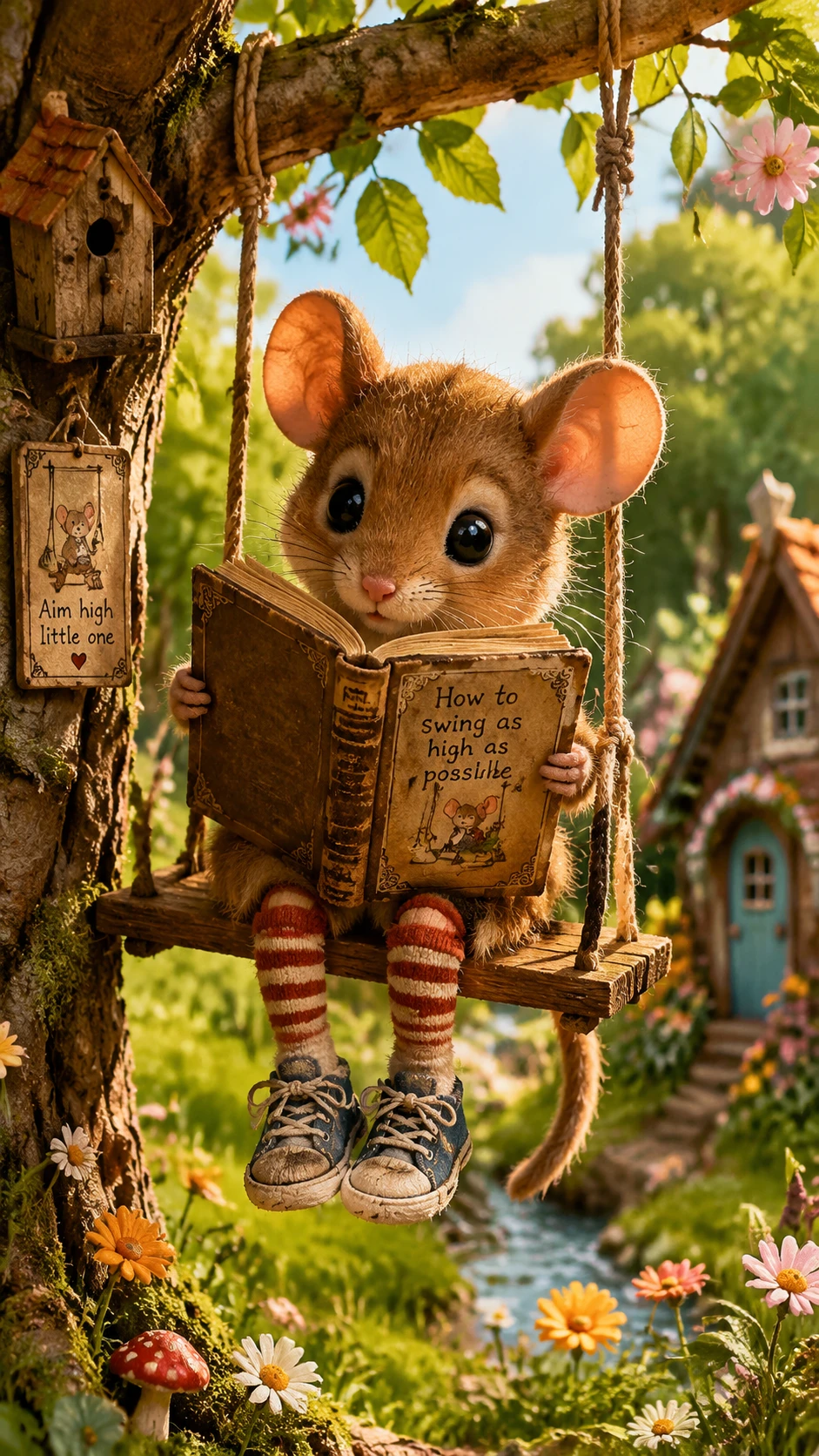 Adorable ratoncito bebé en un columpio leyendo un libro antiguo