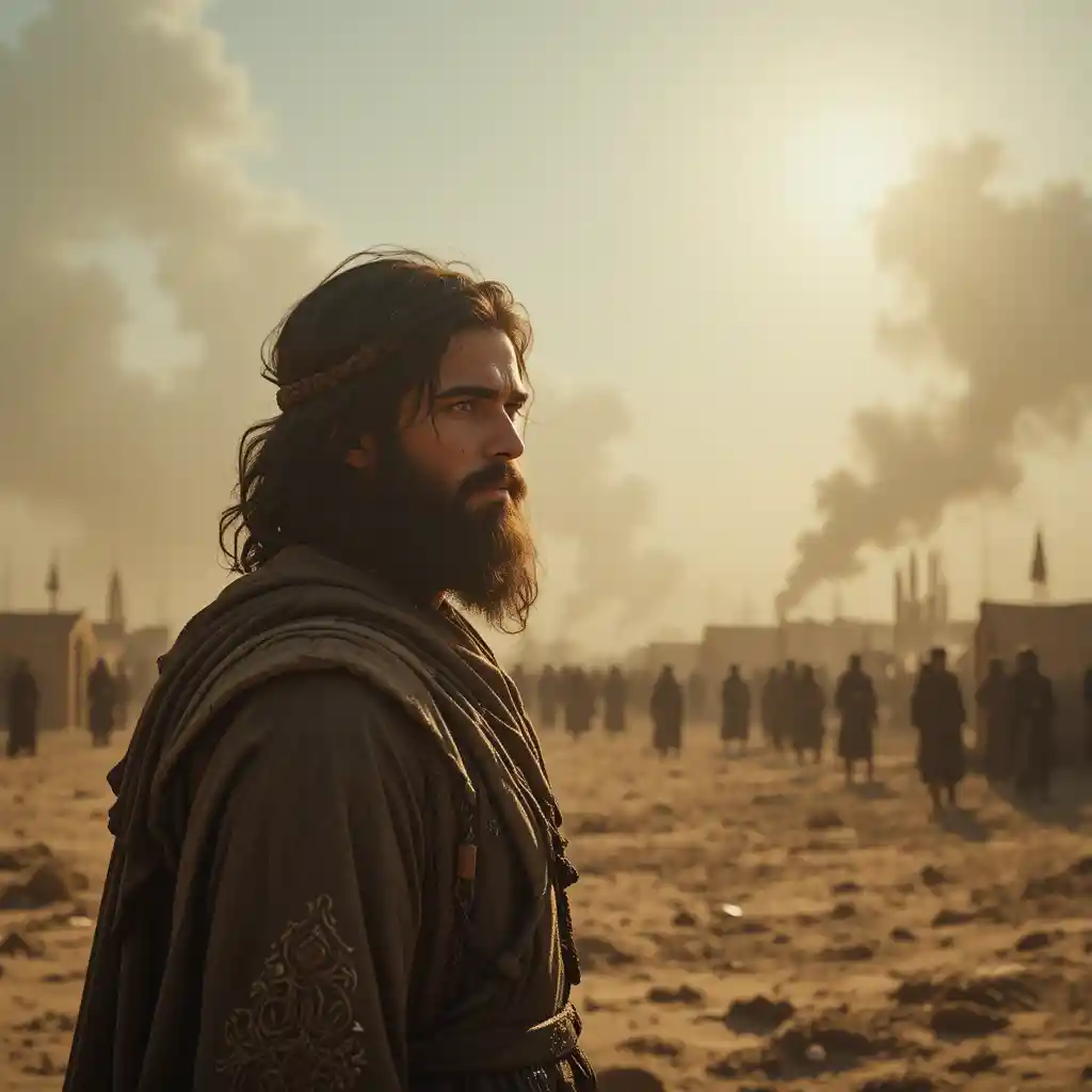 Wounded warrior standing in a sunlit desert battlefield