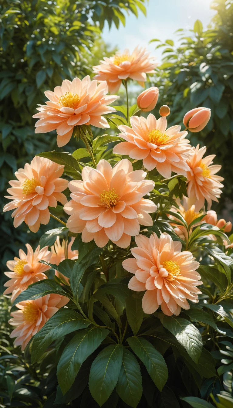 Peach Flowers In Sunlit Garden Close Up Macro View