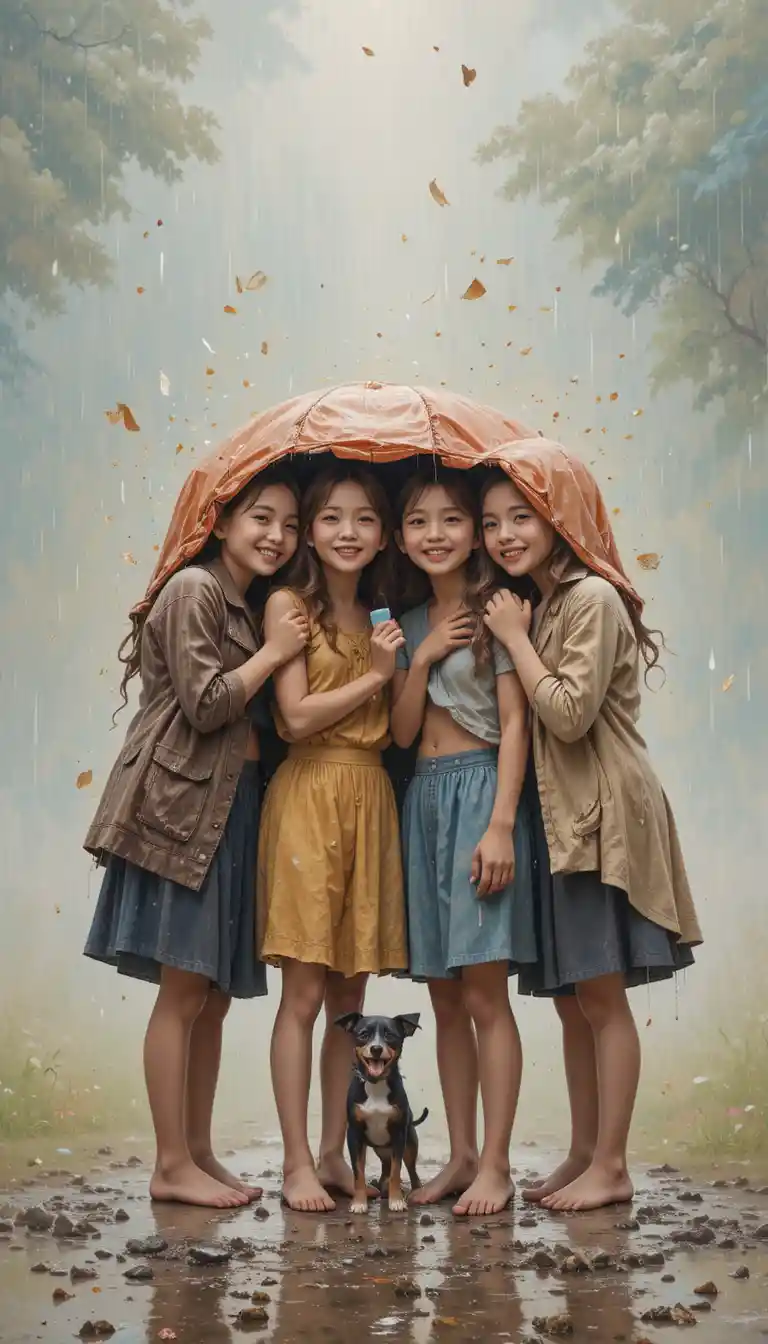 Children sharing an umbrella in gentle golden rain