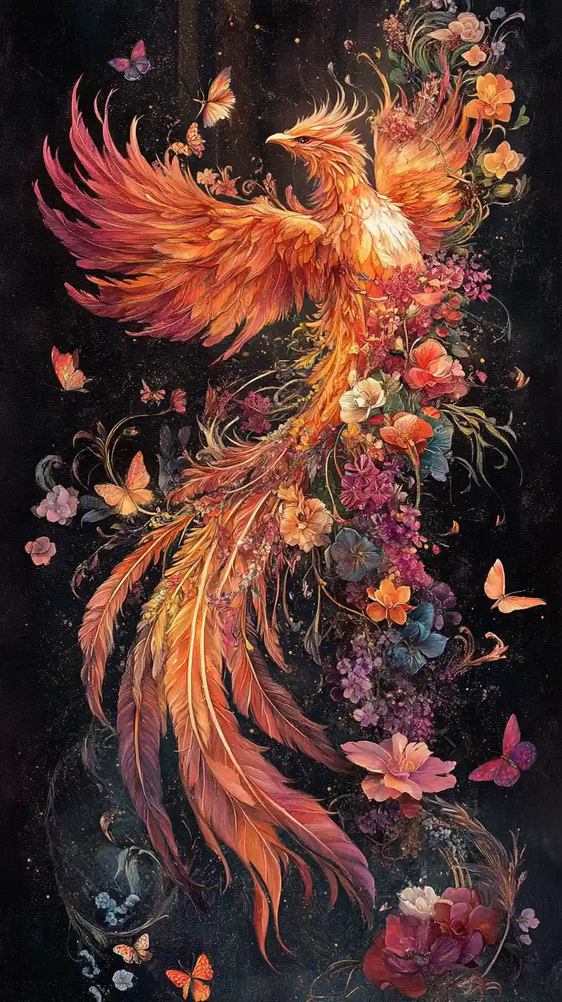Phoenix Of Blossoms Rising In Lush Fantasy Foliage