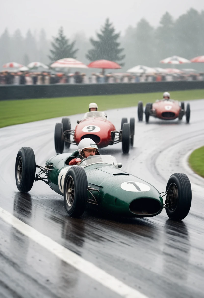 Vintage Formula 1 cars racing fast on a wet track