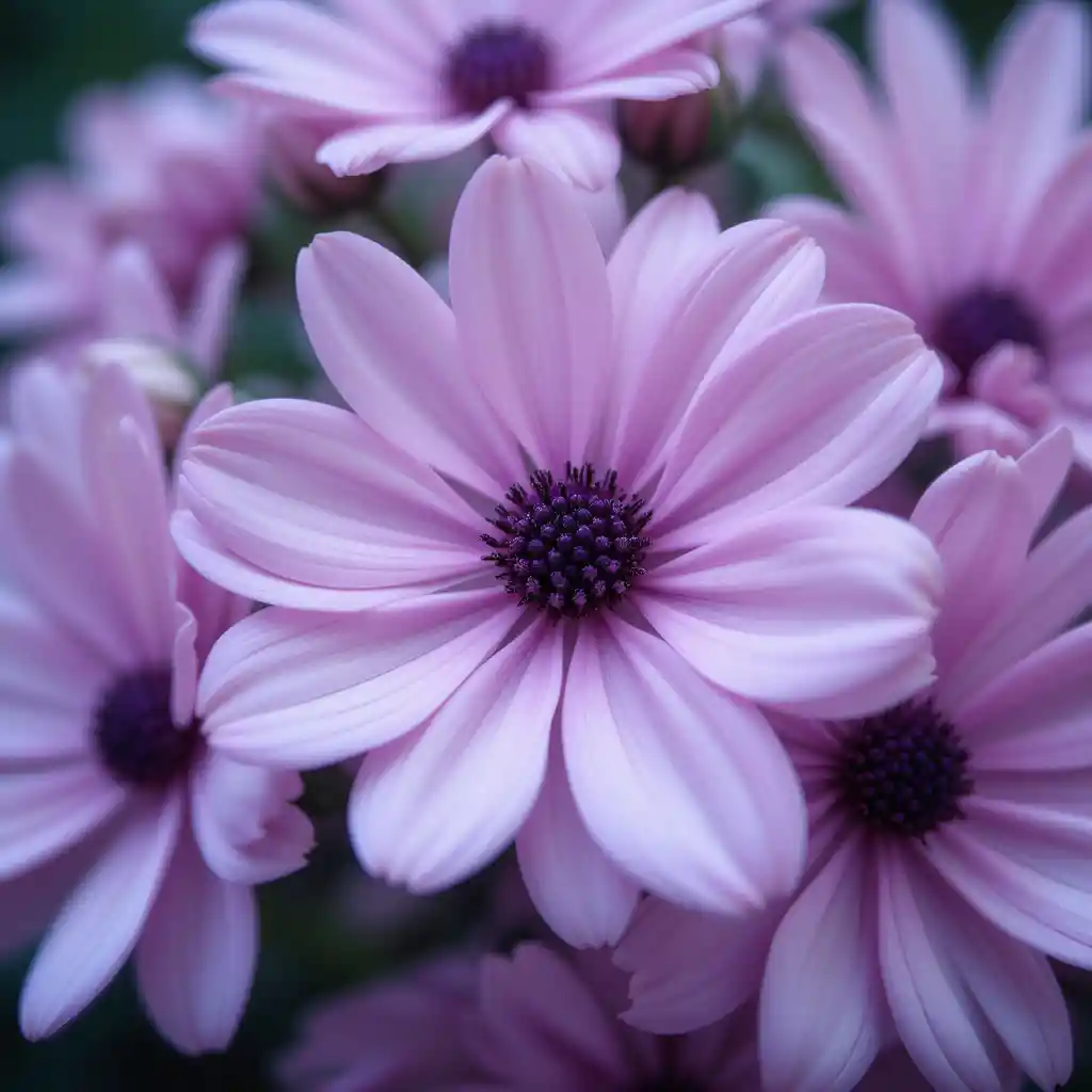 Close up of soft purple and pink flowers in gentle focus