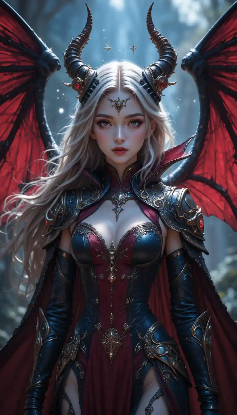 Dark winged anime warrior girl in black red armor